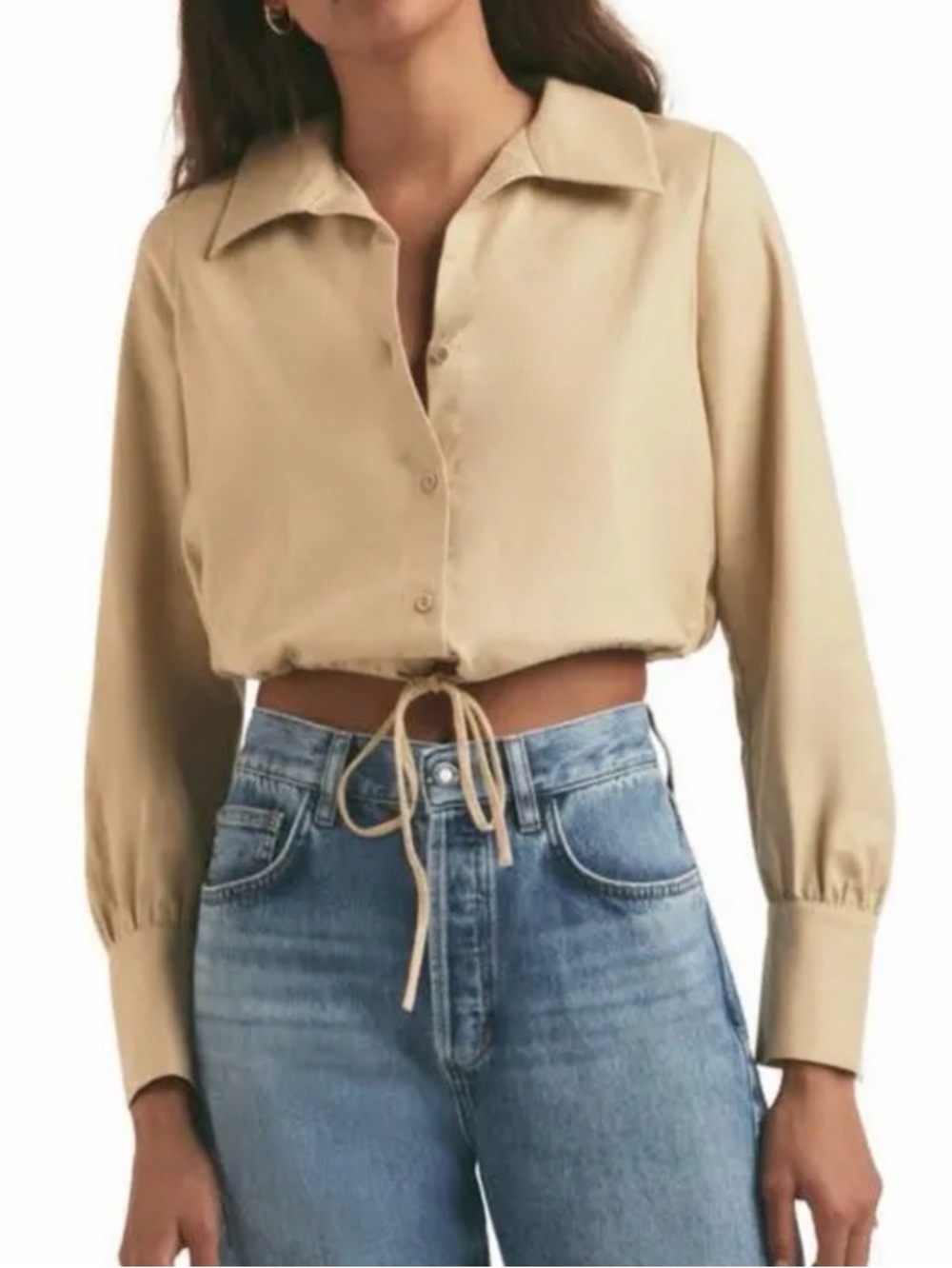 Favorite Daughter NYC Beige Drawstring Crop Button-Up Top